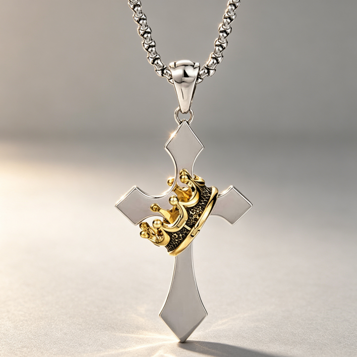 Rotating Crown and Cross Pendant Necklace; Vintage-Style, Non-Fading Clavicle Chain for Men