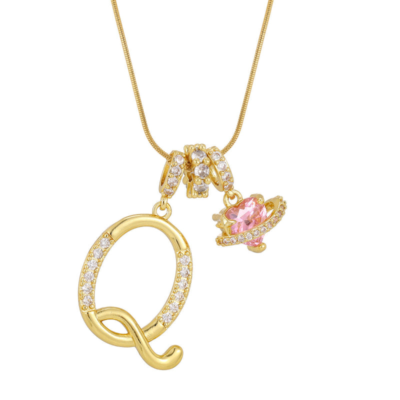 26 Letters Cursive Initial Pink Heart Planet Charm Gold Snake Chain Necklace
