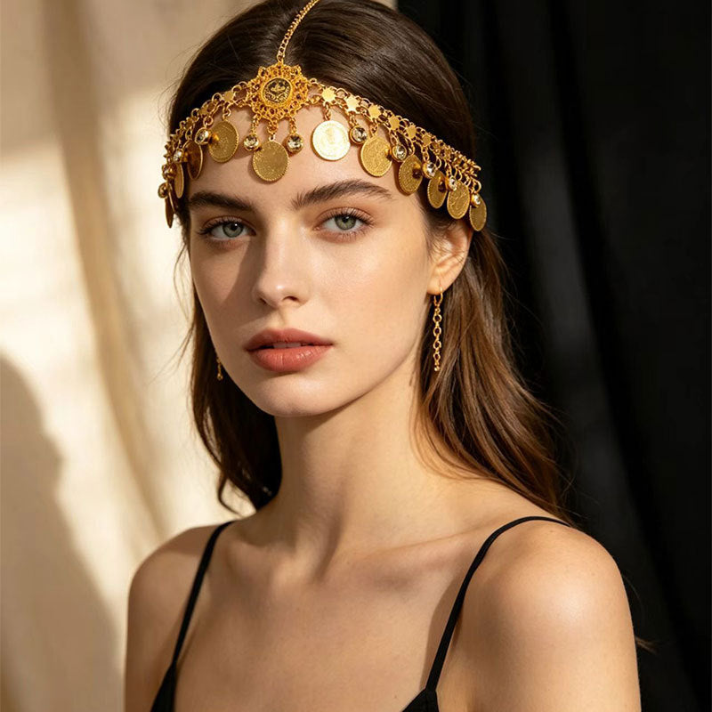 Vintage Boho Coin Gems Head Chain, Retro Tassel Forehead Headpiece for Women