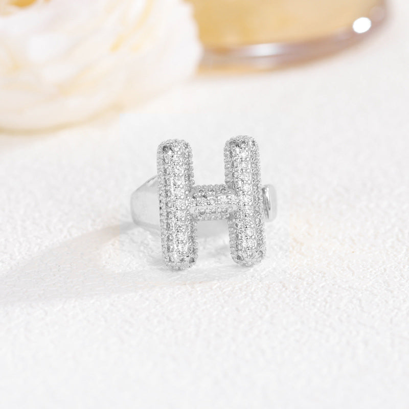 Adjustable Open Iced‑Out Initial Letter Diamond Ring, 26‑Alphabet Statement Unique Style Ring