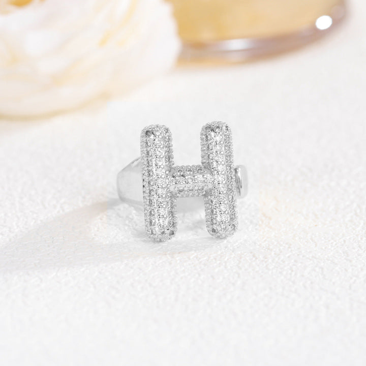 Adjustable Open Iced‑Out Initial Letter Diamond Ring, 26‑Alphabet Statement Unique Style Ring
