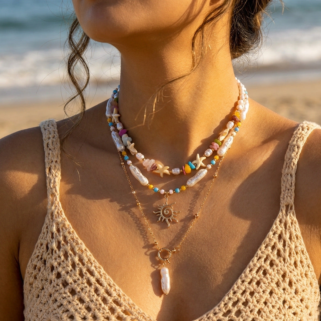 Casual &amp; Versatile Bohemian Starfish Shell Pendant Multi-strand Necklaces for Women Beach Jewelry