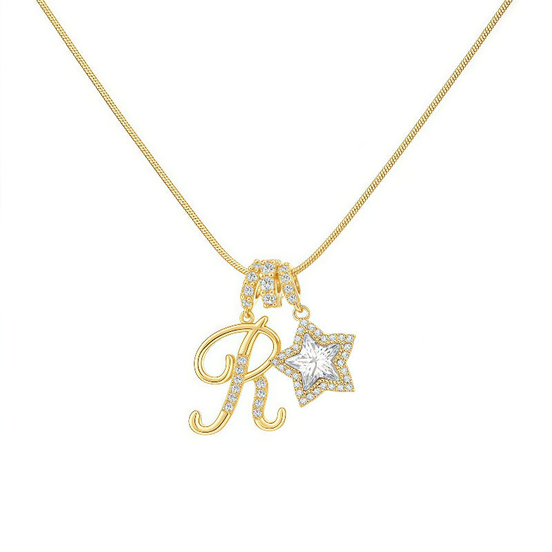 Cursive Initial Letter Diamond Star Pendant Necklace, 26‑Alphabet Snake Chain Necklace