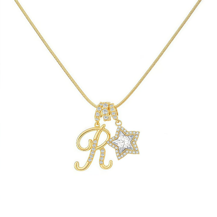 Cursive Initial Letter Diamond Star Pendant Necklace, 26‑Alphabet Snake Chain Necklace