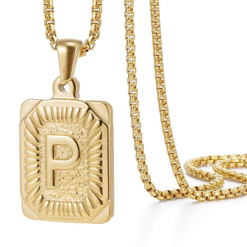 A-Z Vintage Sunburst Initial Tag Pendant Necklace, Personalized Men Women Hip Hop Stackable Statement Jewelry