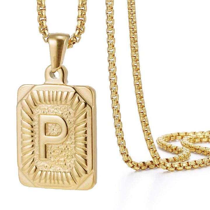 A-Z Vintage Sunburst Initial Tag Pendant Necklace, Personalized Men Women Hip Hop Stackable Statement Jewelry