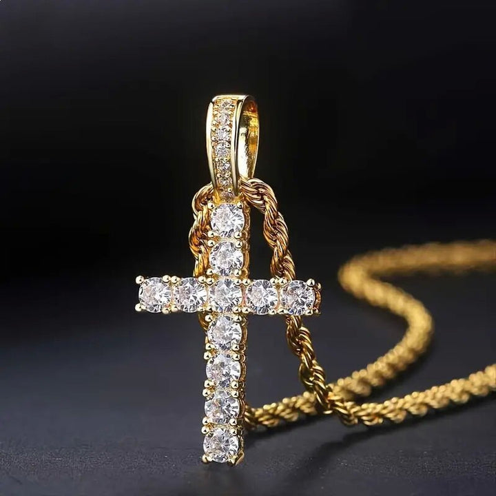 Iced‑Out Round‑Cut Diamond Cross Pendant Necklace, 2‑Tone Hip‑Hop Rope Chain Necklace