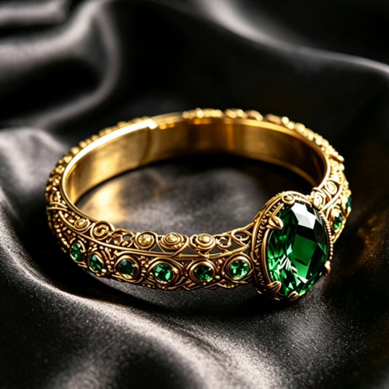 Vintage Filigree Round Green Gem Solid Band Ring, Distinctive Court-Style Ring