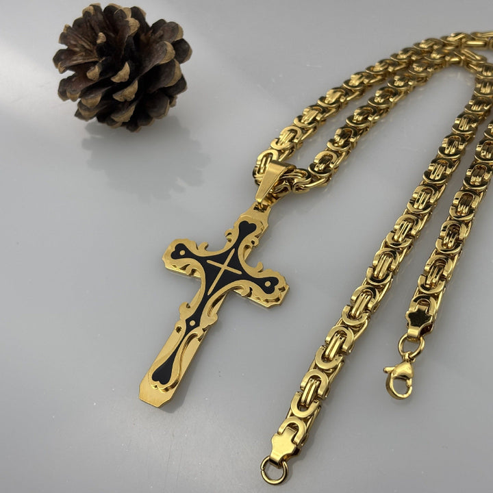 Ornate Gothic Cross Pendant Necklace, 3‑Tone Stainless Steel Byzantine Chain Necklace