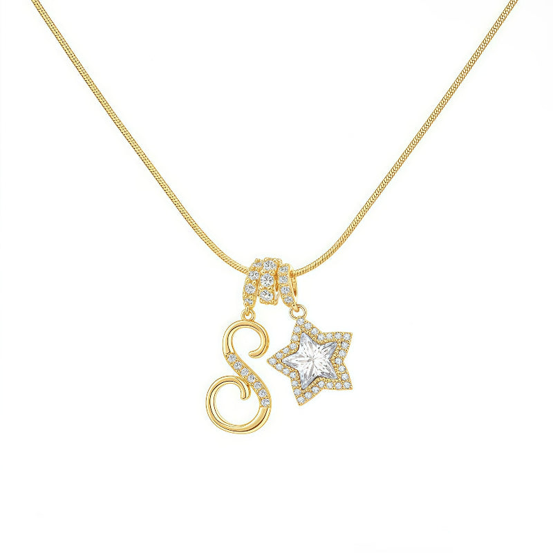 Cursive Initial Letter Diamond Star Pendant Necklace, 26‑Alphabet Snake Chain Necklace