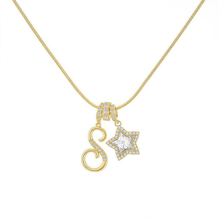 Cursive Initial Letter Diamond Star Pendant Necklace, 26‑Alphabet Snake Chain Necklace