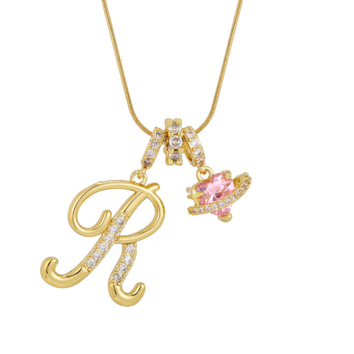 26 Letters Cursive Initial Pink Heart Planet Charm Gold Snake Chain Necklace