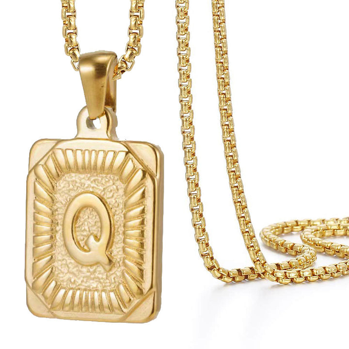 A-Z Vintage Sunburst Initial Tag Pendant Necklace, Personalized Men Women Hip Hop Stackable Statement Jewelry