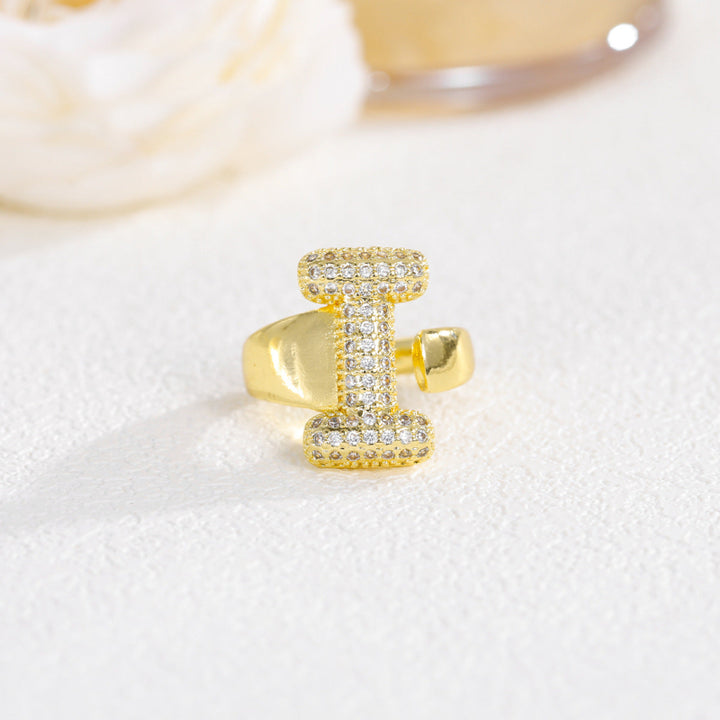 Adjustable Open Iced‑Out Initial Letter Diamond Ring, 26‑Alphabet Statement Unique Style Ring