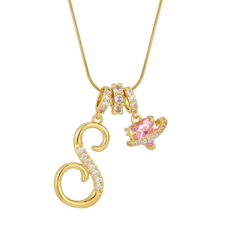 26 Letters Cursive Initial Pink Heart Planet Charm Gold Snake Chain Necklace