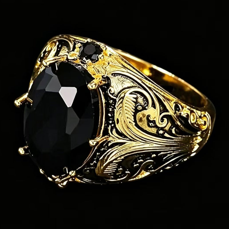 Vintage Ornate Black Gem &amp; Diamond Men’s Statement Ring, Two‑Tone Finish Gothic Wide Band Ring