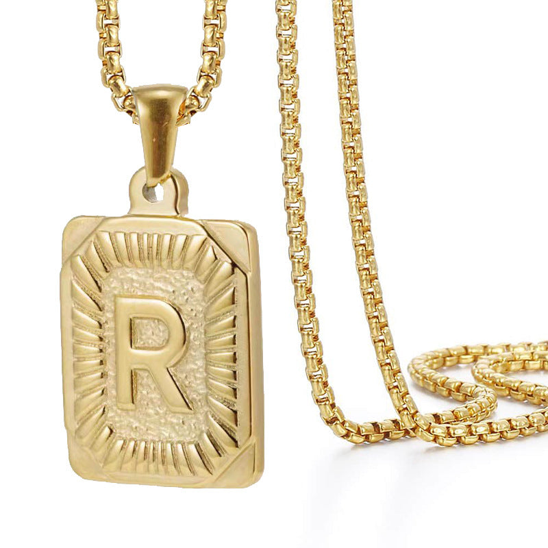 A-Z Vintage Sunburst Initial Tag Pendant Necklace, Personalized Men Women Hip Hop Stackable Statement Jewelry