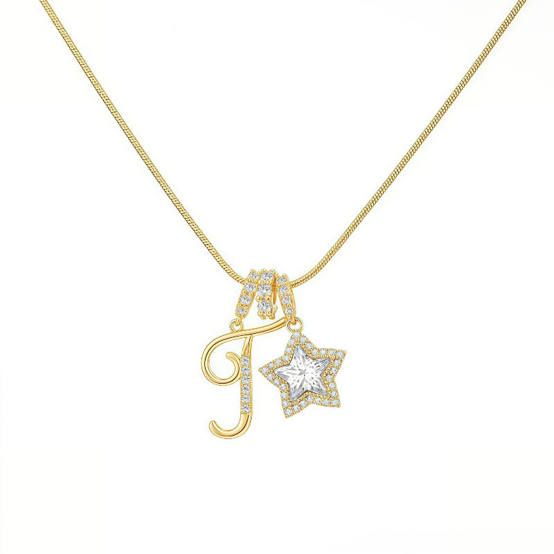 Cursive Initial Letter Diamond Star Pendant Necklace, 26‑Alphabet Snake Chain Necklace