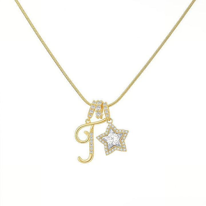 Cursive Initial Letter Diamond Star Pendant Necklace, 26‑Alphabet Snake Chain Necklace