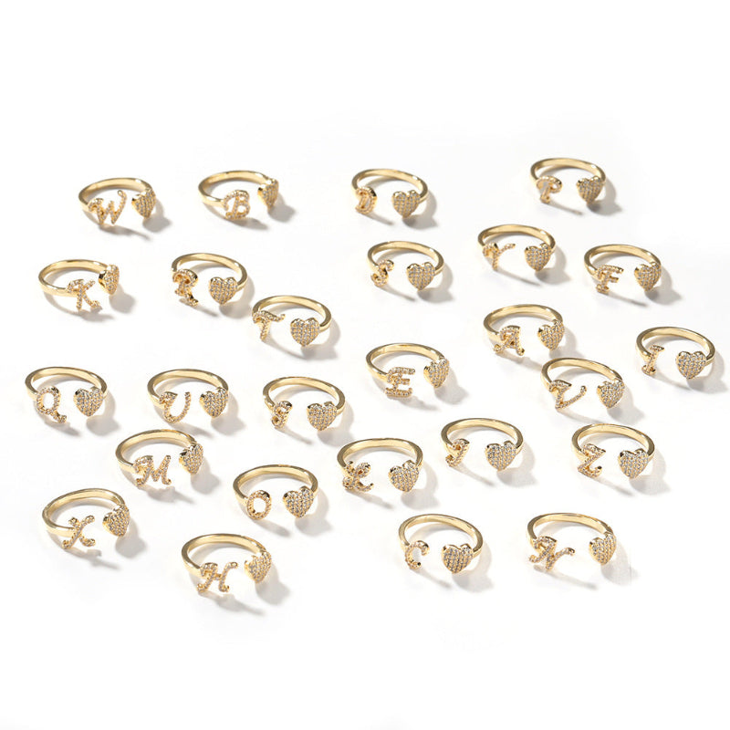 26‑Letter Open Cuff Ring, Paved Diamond Initial &amp; Heart Adjustable Statement Ring