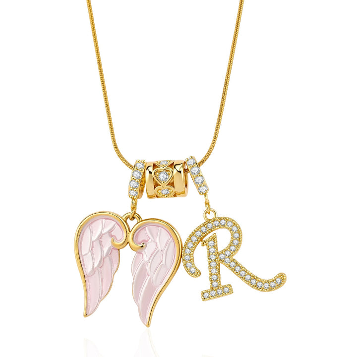 A-Z Diamond Initial Pink Enamel Angel Wing Pendant Necklace, 14K Women Coquette Romantic Stackable Jewelry