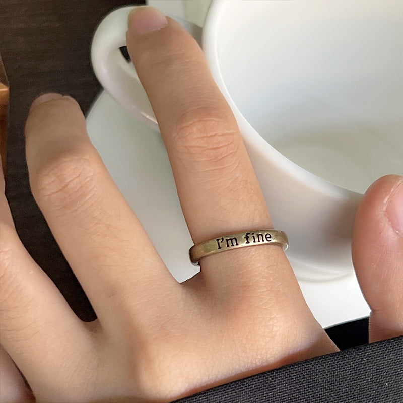 "I'm fine" Engraved Slim Open Ring, Vintage Two-Tone Stackable Text Statement Rings For Women