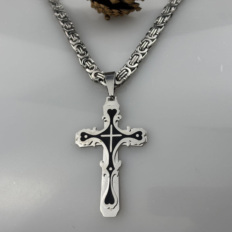Ornate Gothic Cross Pendant Necklace, 3‑Tone Stainless Steel Byzantine Chain Necklace