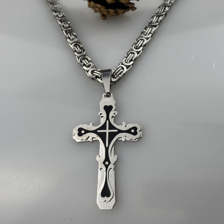 Ornate Gothic Cross Pendant Necklace, 3‑Tone Stainless Steel Byzantine Chain Necklace