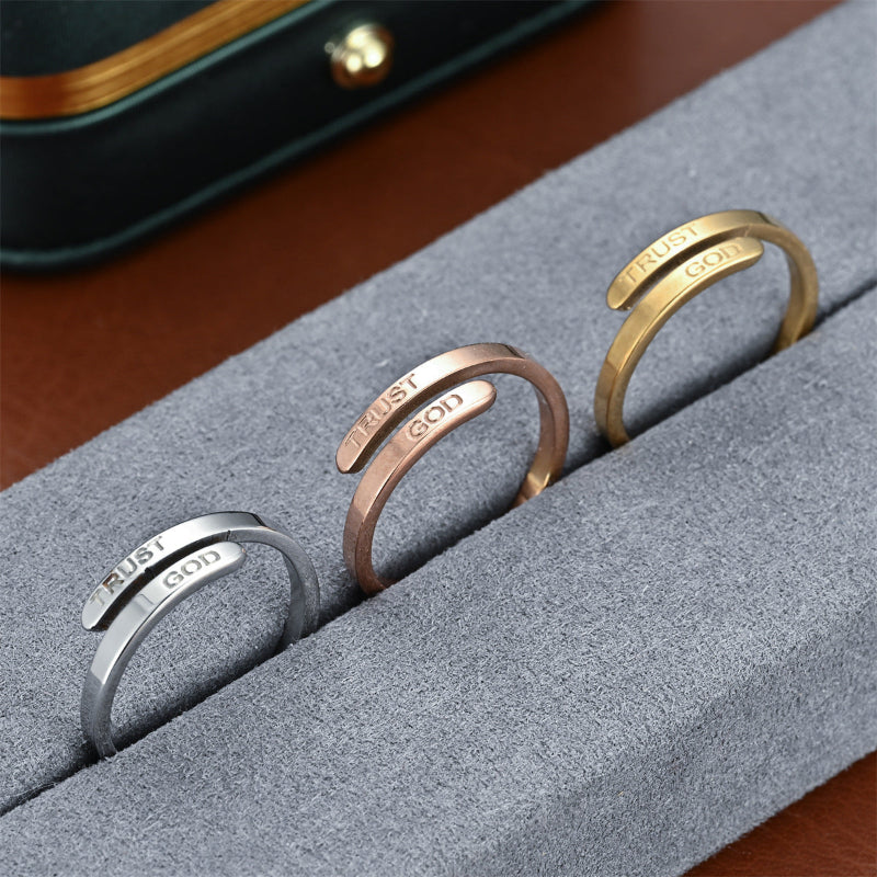 TRUST GOD Engraved Open Adjustable Wrap Ring, Minimalist Christian Faith Inspirational Stackable Band