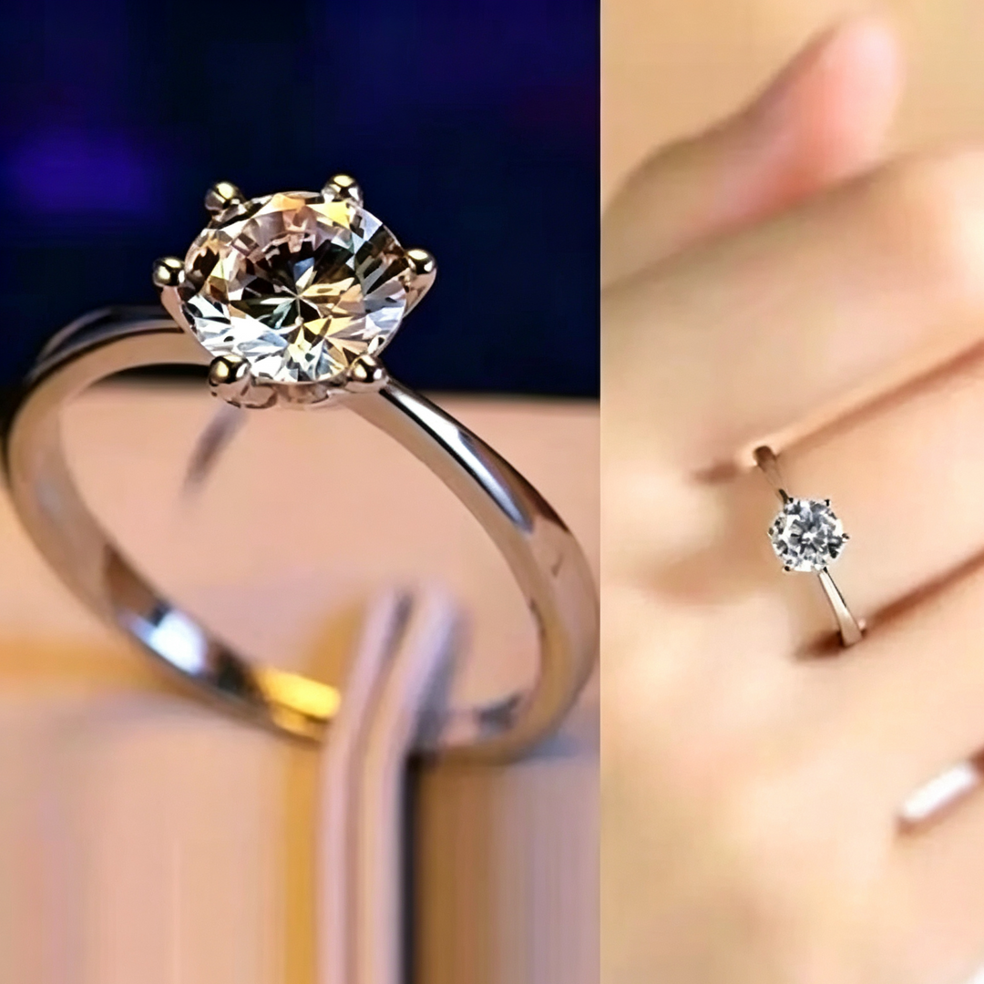S925 Silver Adjustable Six‑Prong One-Carat Style Round Diamond Ring, Ideal Gift For Women