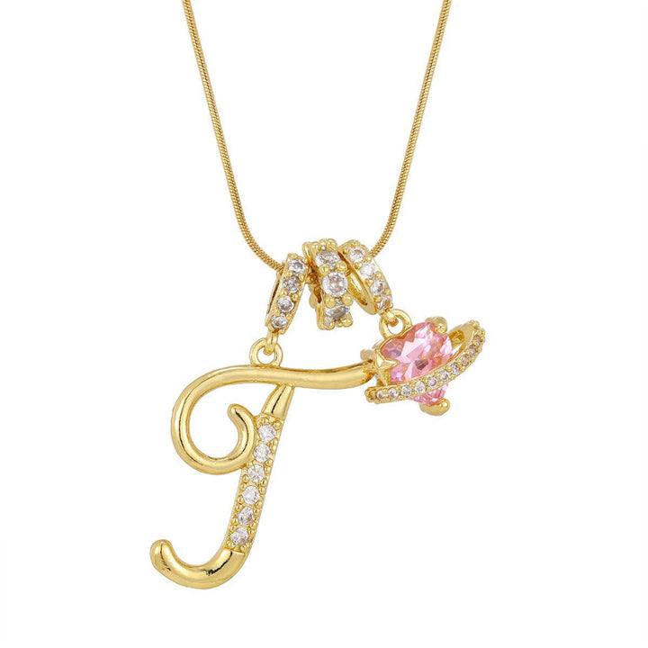 26 Letters Cursive Initial Pink Heart Planet Charm Gold Snake Chain Necklace