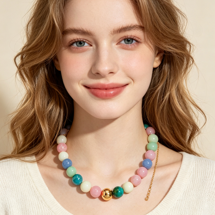Marbled Resin Round Bead Choker Necklace, Adjustable Gold Chain Bold Statement Summer Women Collar Jewelry