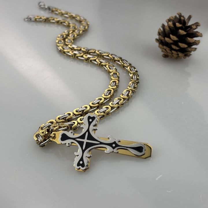 Ornate Gothic Cross Pendant Necklace, 3‑Tone Stainless Steel Byzantine Chain Necklace