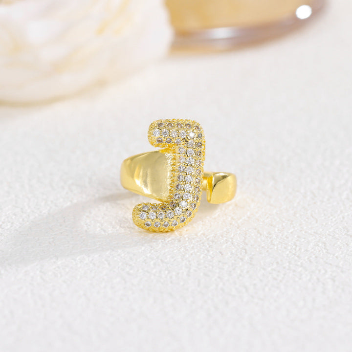 Adjustable Open Iced‑Out Initial Letter Diamond Ring, 26‑Alphabet Statement Unique Style Ring