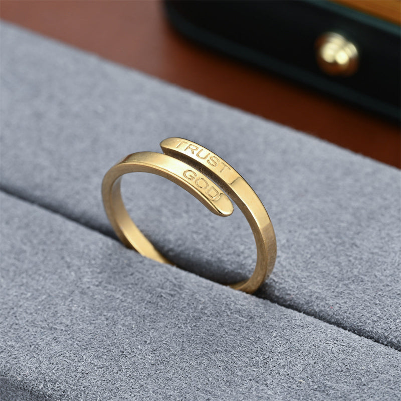 TRUST GOD Engraved Open Adjustable Wrap Ring, Minimalist Christian Faith Inspirational Stackable Band