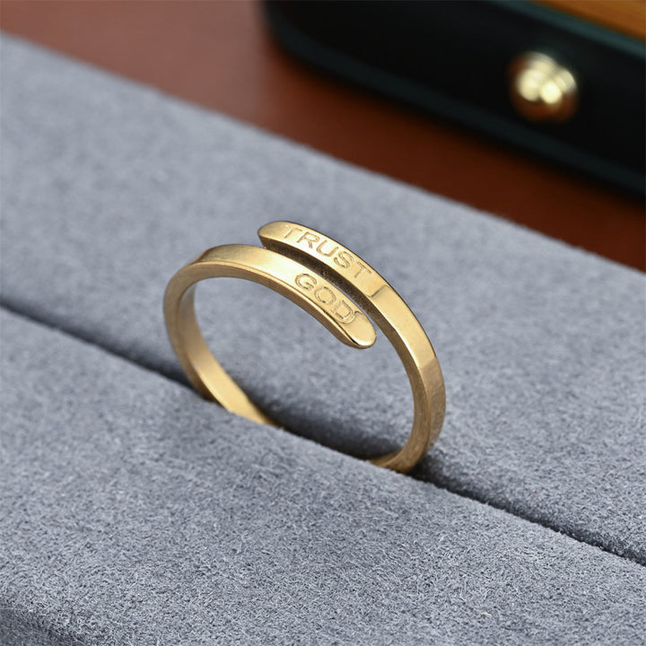 TRUST GOD Engraved Open Adjustable Wrap Ring, Minimalist Christian Faith Inspirational Stackable Band