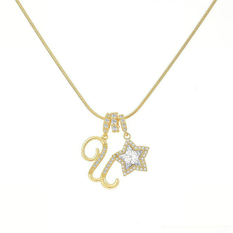 Cursive Initial Letter Diamond Star Pendant Necklace, 26‑Alphabet Snake Chain Necklace