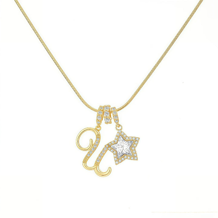 Cursive Initial Letter Diamond Star Pendant Necklace, 26‑Alphabet Snake Chain Necklace