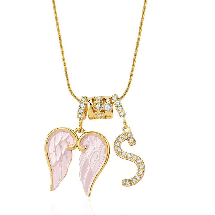 A-Z Diamond Initial Pink Enamel Angel Wing Pendant Necklace, 14K Women Coquette Romantic Stackable Jewelry