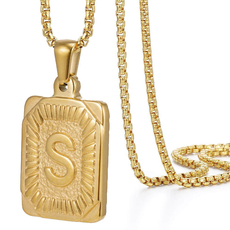 A-Z Vintage Sunburst Initial Tag Pendant Necklace, Personalized Men Women Hip Hop Stackable Statement Jewelry