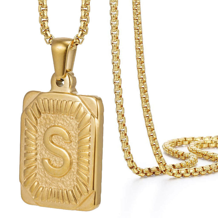 A-Z Vintage Sunburst Initial Tag Pendant Necklace, Personalized Men Women Hip Hop Stackable Statement Jewelry