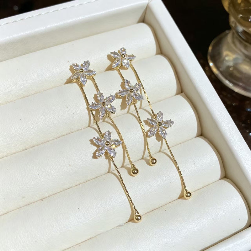 Three-Flower Diamond Long Tassel Drop Earrings, Elegant Slimming Face Chain Dangle Earrings for Women