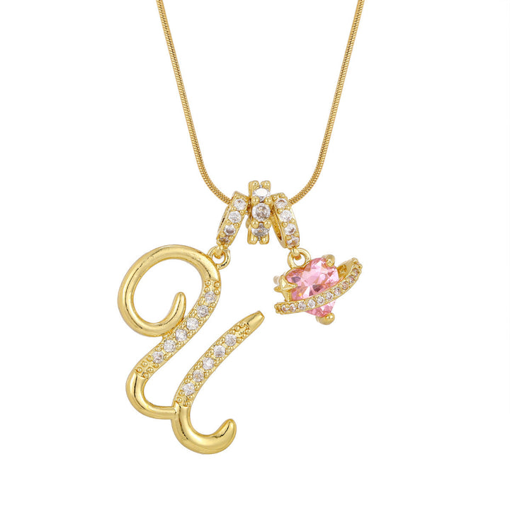 26 Letters Cursive Initial Pink Heart Planet Charm Gold Snake Chain Necklace