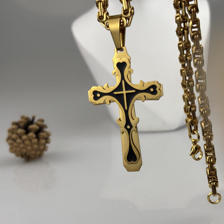 Ornate Gothic Cross Pendant Necklace, 3‑Tone Stainless Steel Byzantine Chain Necklace