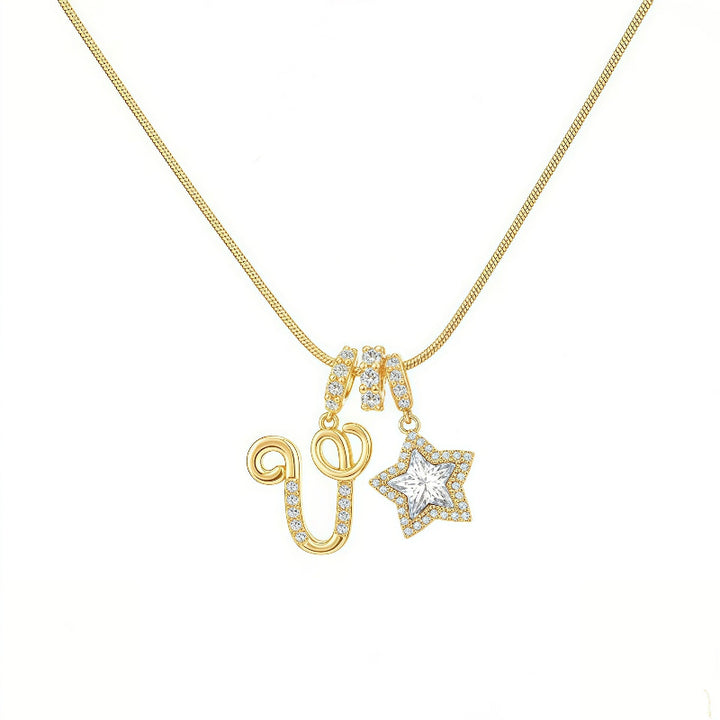 Cursive Initial Letter Diamond Star Pendant Necklace, 26‑Alphabet Snake Chain Necklace