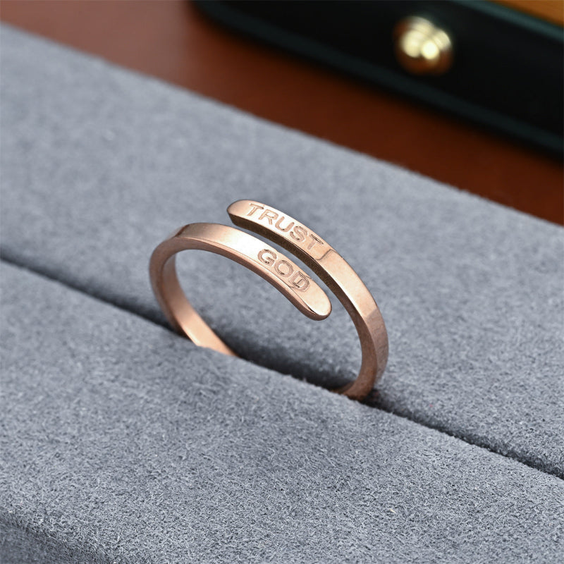 TRUST GOD Engraved Open Adjustable Wrap Ring, Minimalist Christian Faith Inspirational Stackable Band