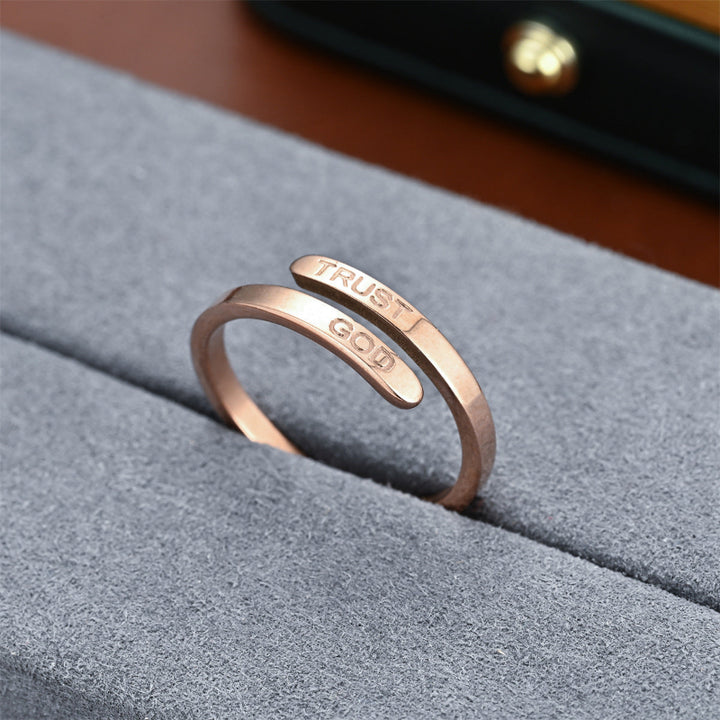 TRUST GOD Engraved Open Adjustable Wrap Ring, Minimalist Christian Faith Inspirational Stackable Band