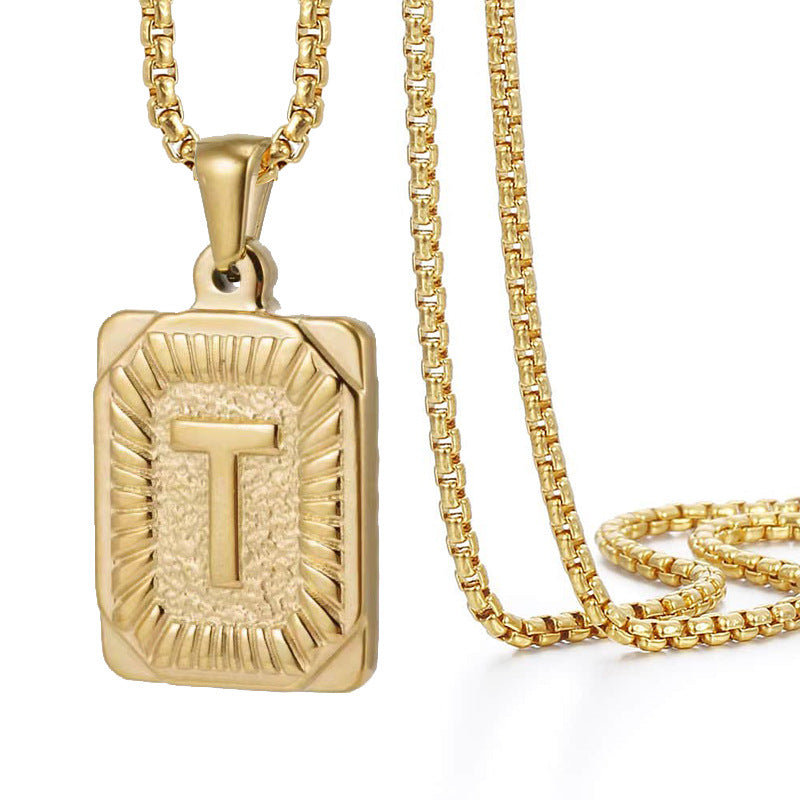 A-Z Vintage Sunburst Initial Tag Pendant Necklace, Personalized Men Women Hip Hop Stackable Statement Jewelry