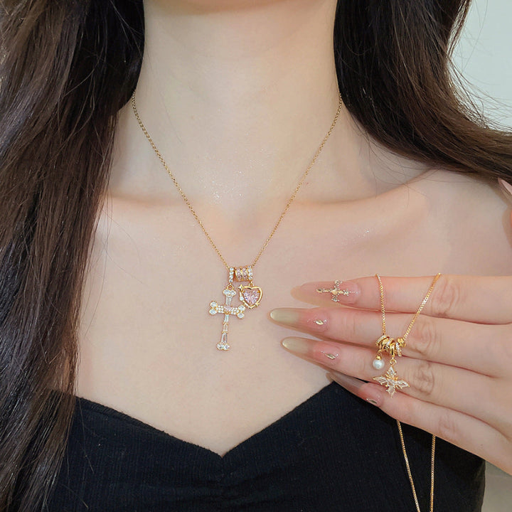 Vintage Gold‑Toned Multi‑Charm Diamond Pendant Necklace, Dainty Layering Statement Necklace Set