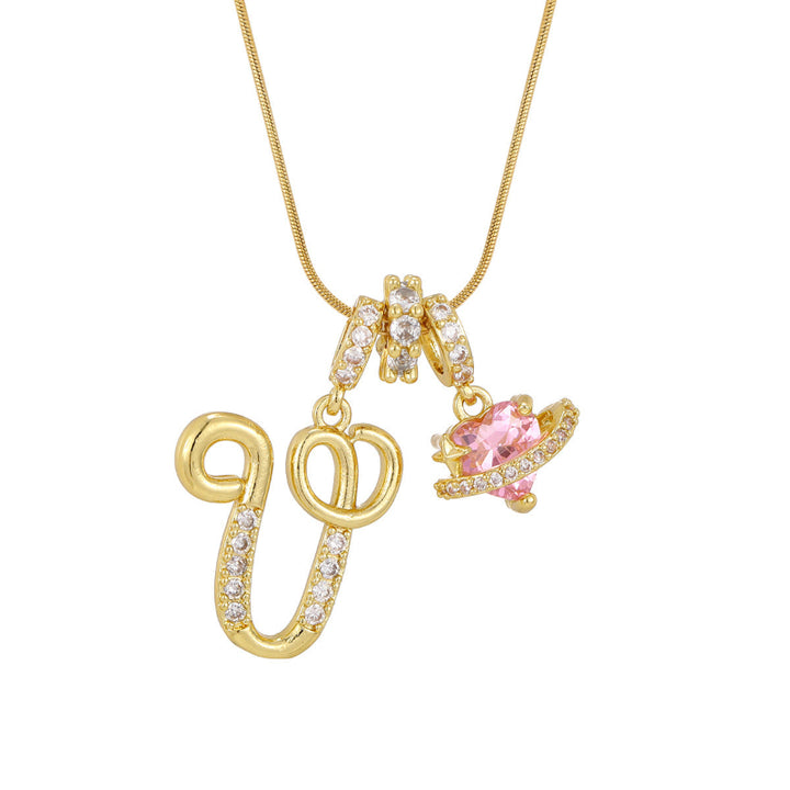 26 Letters Cursive Initial Pink Heart Planet Charm Gold Snake Chain Necklace